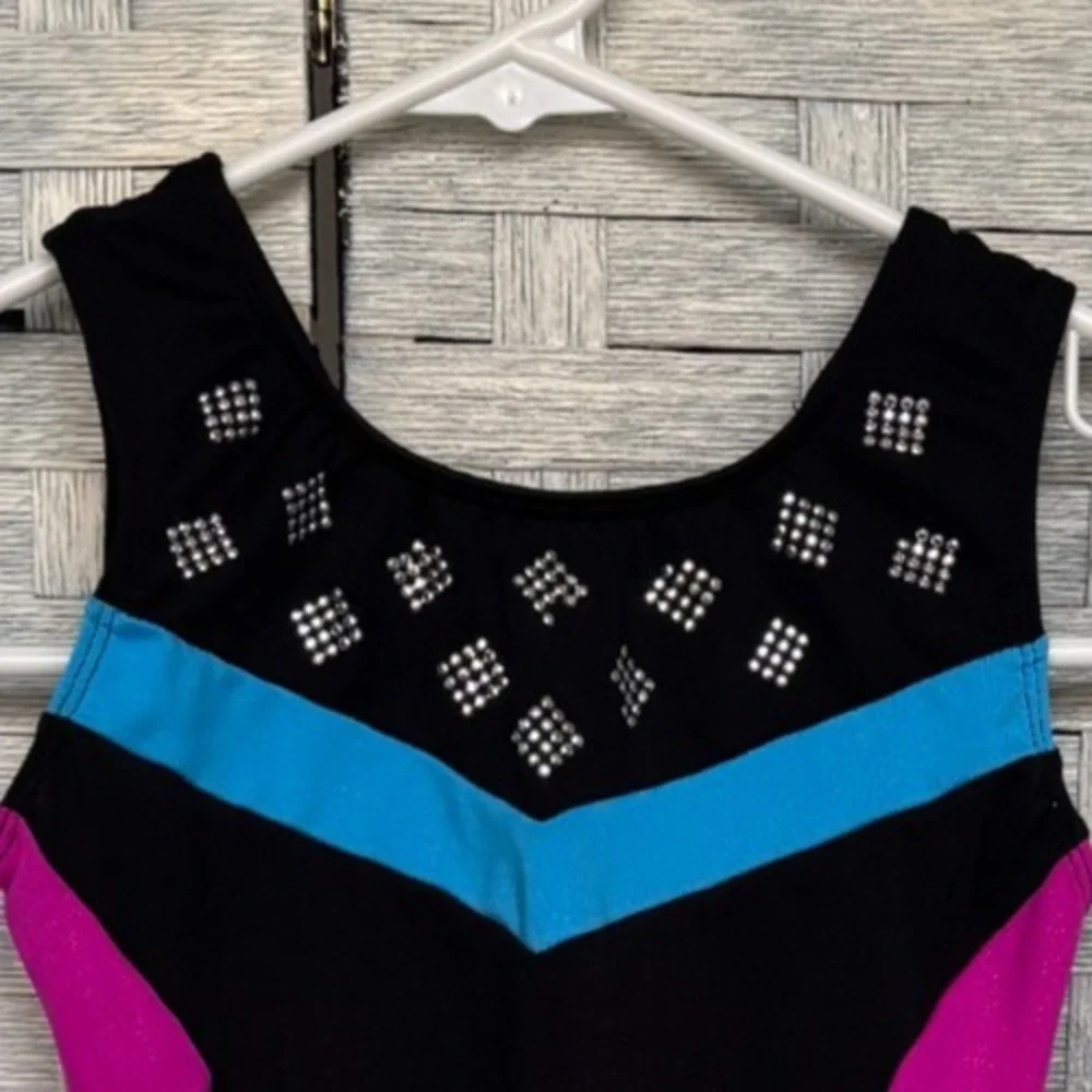 Danskin Freestyle Child Small Gymnastics‎ Leotard Black Pink Blue Rhinestone